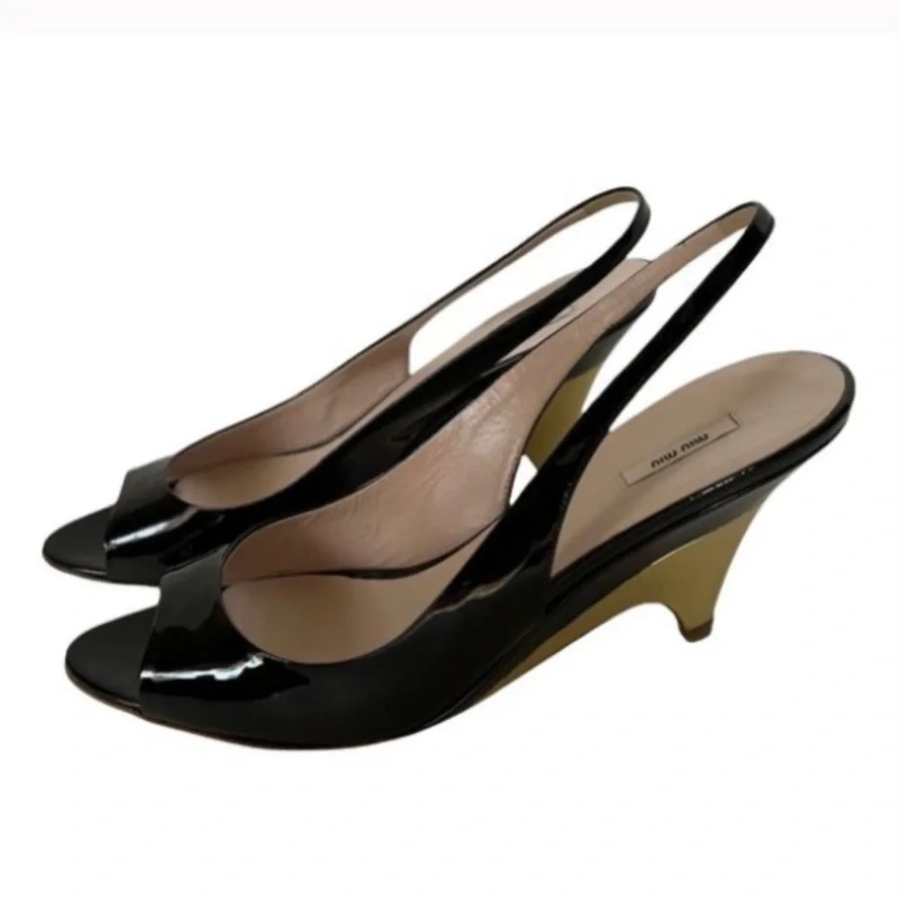Prada MIU MIU Black Patent Leather Open Toe Slingbacks Metal Wedge High Heels - Picture 2 of 7